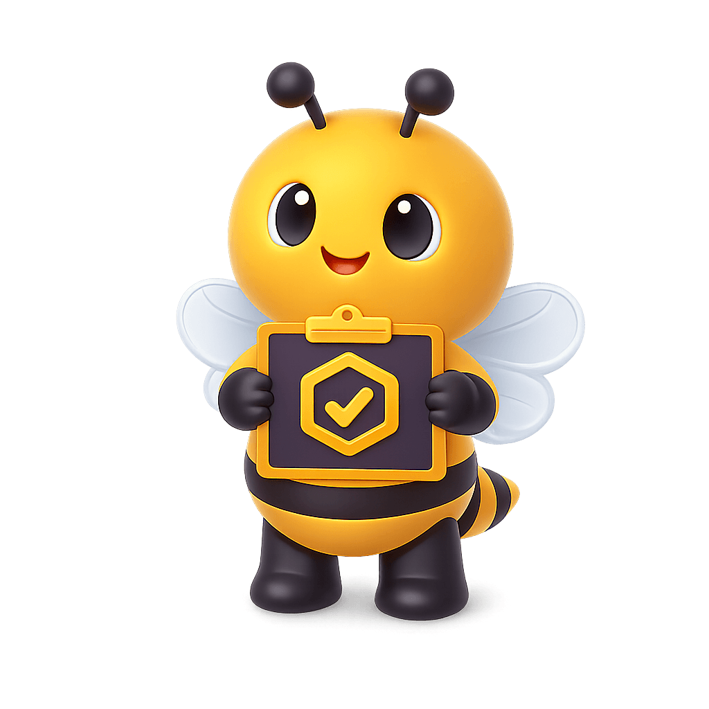 HunnyDewBee mascot holding a clipboard